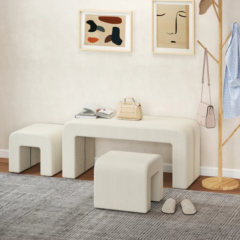 HOMCOM Juego de 3 Bancos Zapateros Grande y 2 Pequeños Modernos de Pana Diseño Compacto Mesa Auxiliar 104x44x48 cm Crema