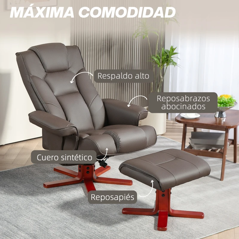 HOMCOM Sillón Reclinable con Reposapiés Tapizado en PU y Estructura de Madera Carga 150 kg Butaca para Dormitorio Marrón
