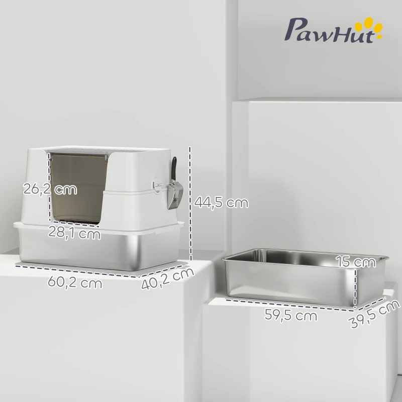 PawHut Caixa de areia para gatos, aço inoxidável, interior XL, com pá, Cinza claro
