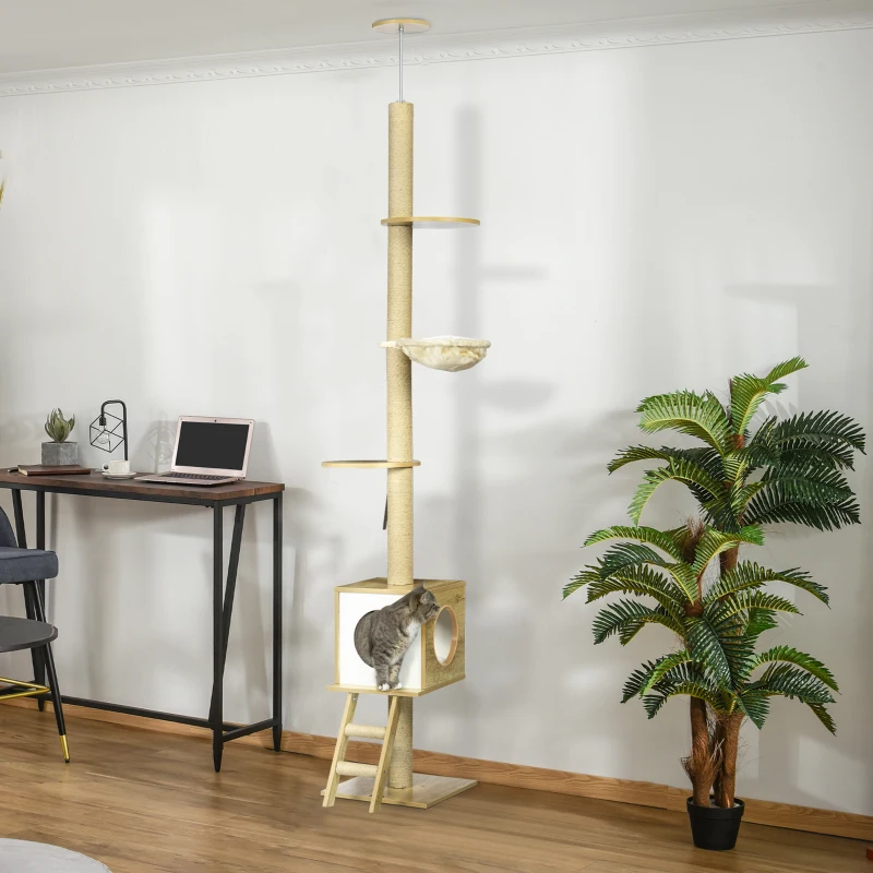 PawHut Árvore de arranhar, até ao teto, casinha para gatos, duas plataformas, rede, proteção anti-tombamento, castanho claro+bege, 40 x 40 x 260 cm
