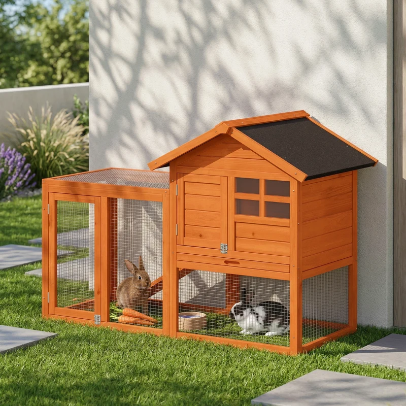 PawHut Hasenstall 2 Etagen Kaninchenstall mit wasserdicht Bitumendach Freilaufgehege Rampe Türen Holz 123,5x62,6x92,5 cm Orange