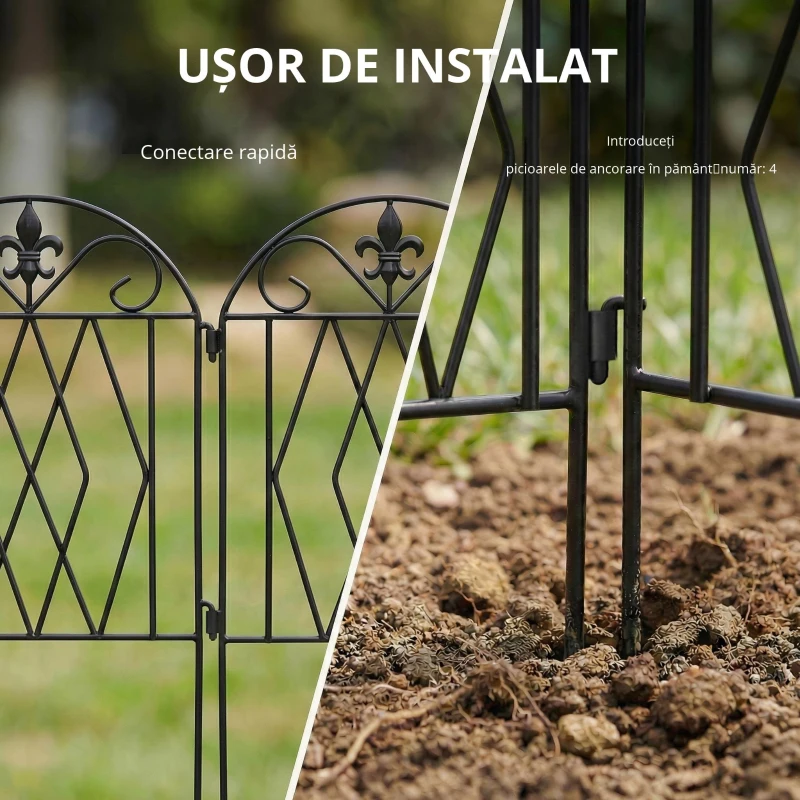 Outsunny Set de 4 garduri metalice de grădină 125x56 cm cu design arcuit, rezistente, ușor de instalat, pentru patio, gazon, negru