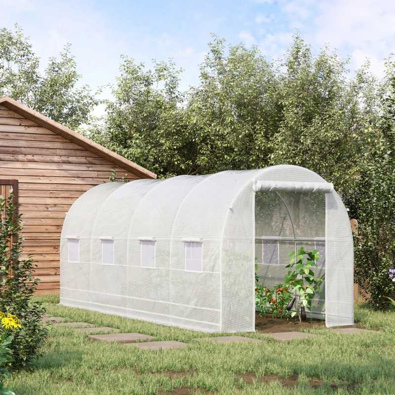 Outsunny Tunnelgewächshaus 5x2x2m mit Stahlrahmen und Polyethylen-Abdeckung Weiß