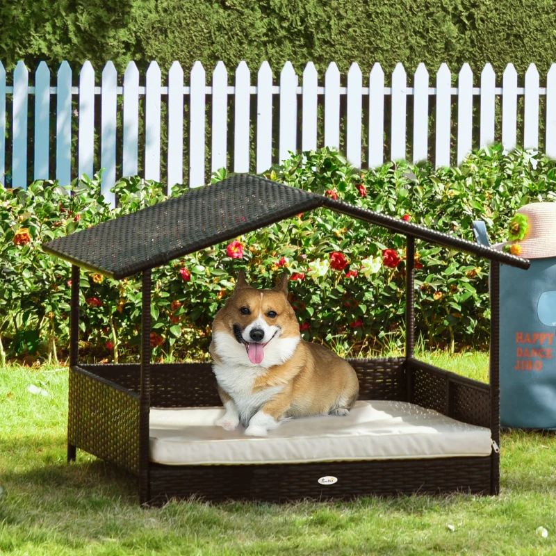 PawHut Rattan Cama para Cães para Exterior com Teto, Cama Elevada para Cães 69 x 98 x 70 cm Cama Refrescante para Animais de Estimação com Estrutura Metálica, Almofadas Removíveis para Cães Pequenos e Médios, Café-Marrom