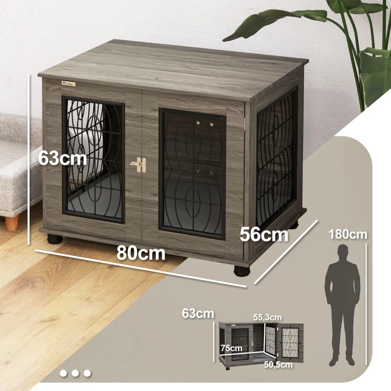 PawHut Caixa para cães com almofada, até 20 kg/50 cm de comprimento corporal, metal, 80x56x63cm, Cinza/Acabamento em madeira