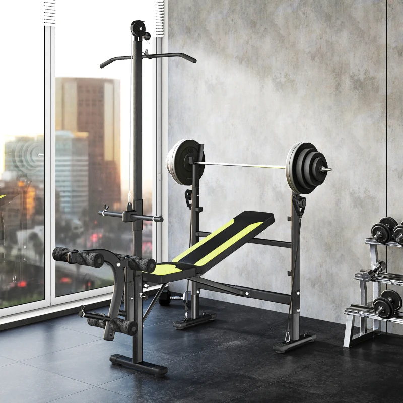 HOMCOM Multifunktionsbank Fitnessstation mit 3-fach verstellbarer Rückenlehne, Beinstütze und oberer Stange, 175x110x202cm, Schwarz