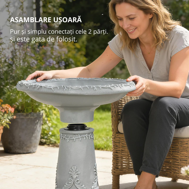 Outsunny Bazin pentru păsări din rășină pentru exterior, bazin rotund înalt de 51 cm cu aspect de piatră, suport independent pentru hrană pentru păsări, Gri