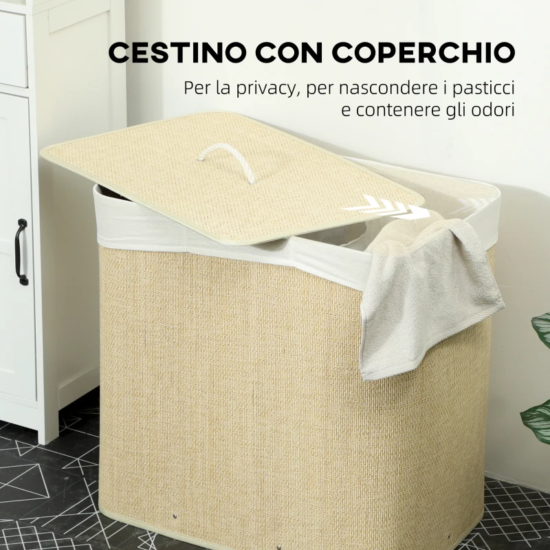 HOMCOM Cesto Portabiancheria in Bambù con Coperchio, 144L, 3 Scomparti, Sacca Removibile e Lavabile, Maniglie, Crema