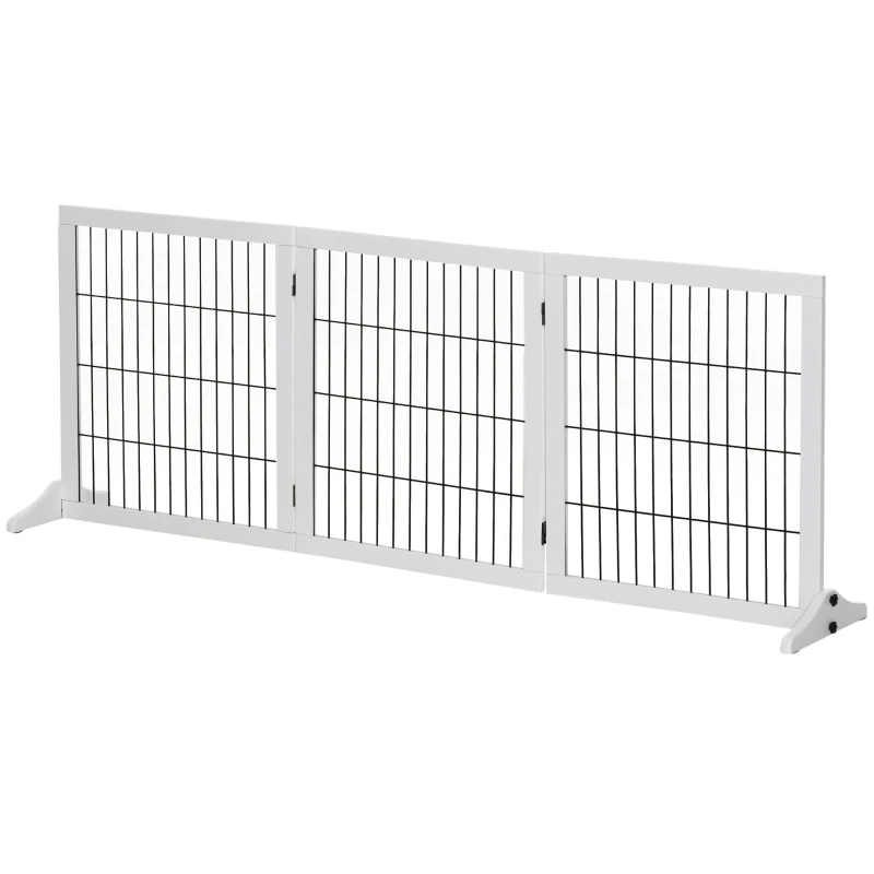 PawHut Portão para Cães Portão de Proteção Autoportante com Pés 185 x 71 cm Madeira Grade para Cães Proteção para Escadas Portão para Escadas, Portas, Cozinha, Corredor, 3 Painéis, Branco