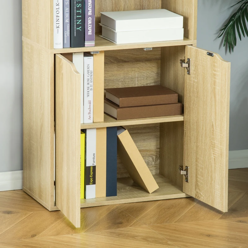 HOMCOM Bücherregal mit 4 offenen Fächern und 2 Türen für Wohnzimmer und Büro 59x29x180 cm Naturholz