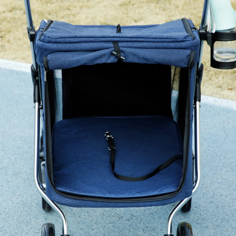 PawHut Carrinho para cães, transporte leve e dobrável para cães pequenos, almofada lavável, janelas em tela, Azul escuro