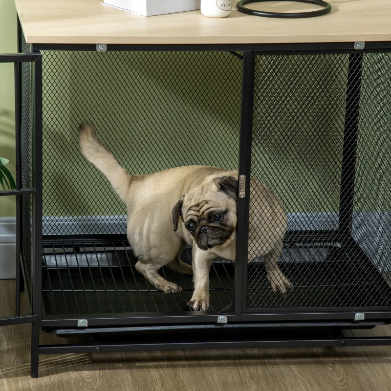 PawHut Gaiola para cães, Caixa para cães, almofada resistente à água, bandeja de fundo removível, com trava, Preto, 80 x 55 x 71 cm
