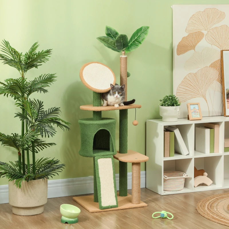 PawHut Arranhador, árvore para gatos de 139 cm com toca, bolinhas de brinquedo, postes de sisal e plataformas, para dois gatos, verde