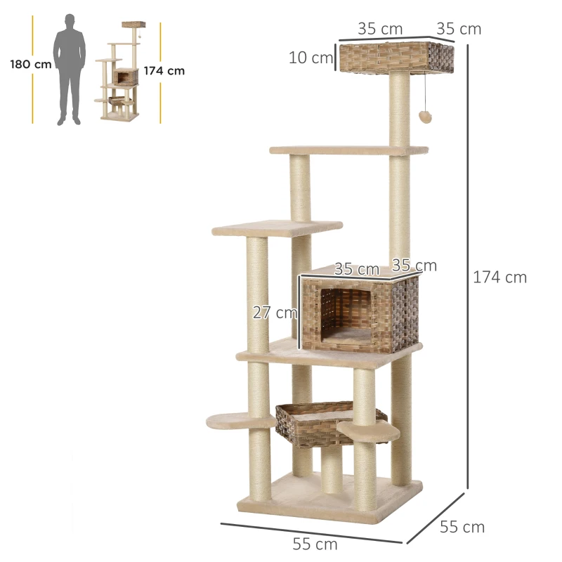 PawHut Arranhador de Rattan com Toca para Gatos Árvore Multinível para Escalada para Gatos E1 MDF Sisal Bege+Castanho 55 x 55 x 174 cm
