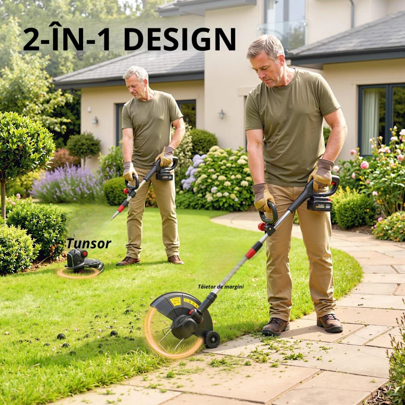 Outsunny Trimmer cu acumulator 2-în-1, lățime de tăiere 30 cm, mâner reglabil, cap motor înclinat pentru grădină și curte, Argintiu