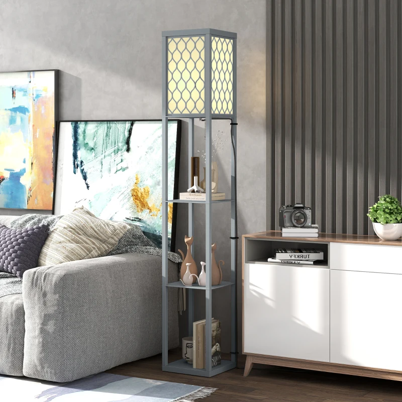 HOMCOM Lampadaire avec étagères, lampadaire sur pied de salon 3 niveaux, interrupteur à tirette 26 x 26 x 160 cm, gris et blanc