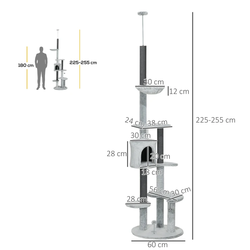 PawHut Arranhador com tensor de teto, rede, casinha, plataformas, bola de brincar, 225-255cm, Cinza
