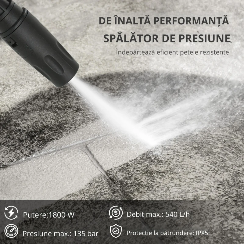 Outsunny Aparat de spălat sub presiune cu pompă din aluminiu 135 bar presiune maximă 1800W putere 540 l/h furtun 5m duză reglabilă & mânere