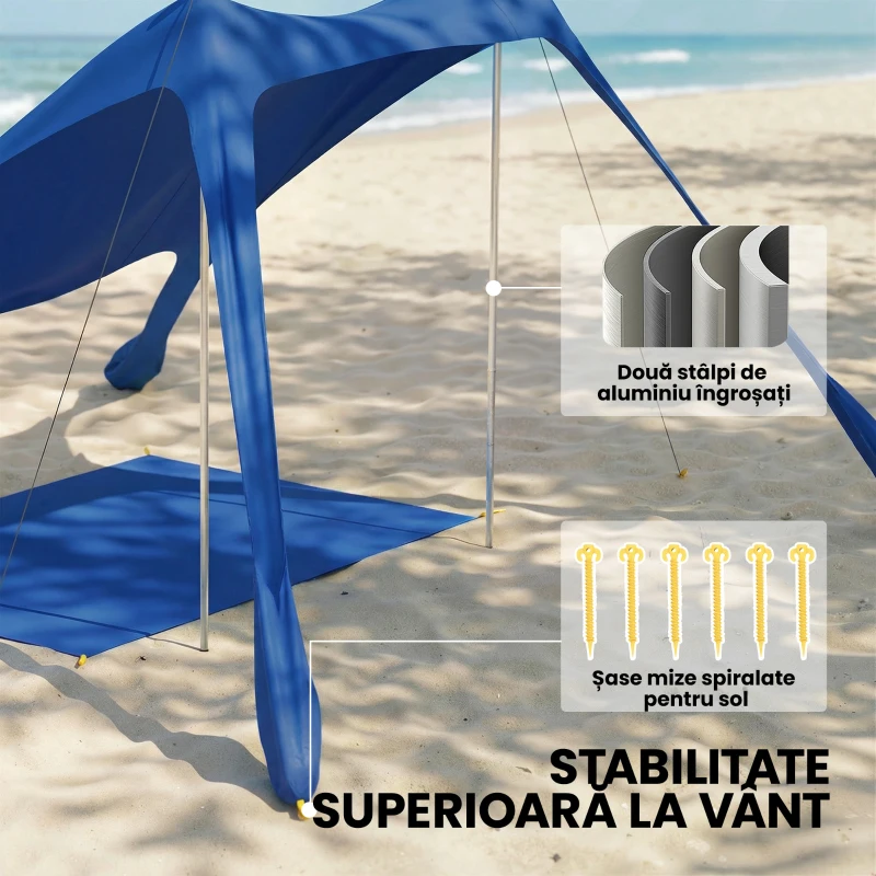 Outsunny Cort de Plajă pentru 2-4 Persoane, Covoraș, Lopată, Protecție Solară UPF50+, Albastru