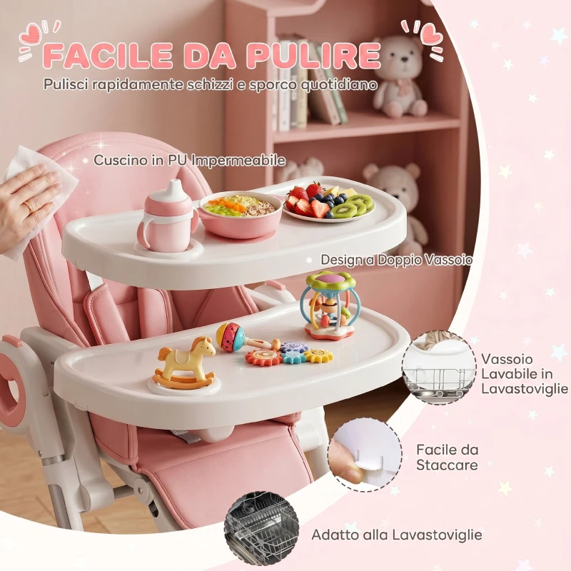 AIYAPLAY Seggiolone Pappa Pieghevole per Bambini 6-36 Mesi con Altezza Regolabile, Doppio Vassoio Lavabile, Ruote, Rosa