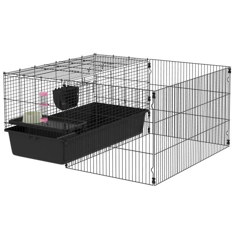 PawHut Gaiola para pequenos animais com cercadinho removível, parque com estábulo, incl. acessórios, preto