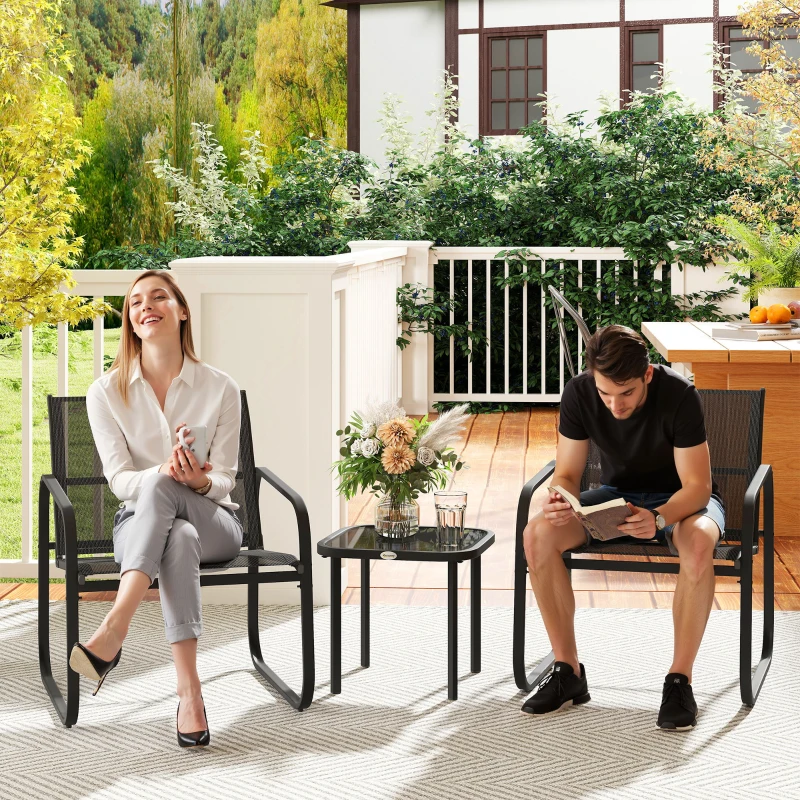 Outsunny 3-teiliges Bistro-Garten-Set mit 2 Textilene-Stühlen und Niedrigtisch mit Einscheibensicherheitsglas, schwarz