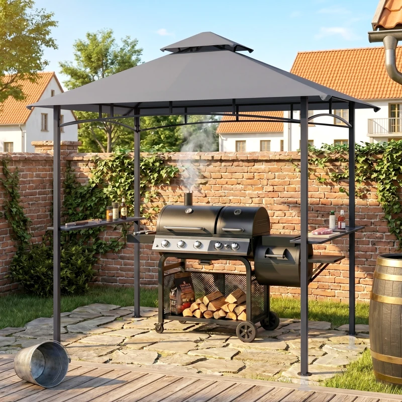 Outsunny Grillpavillon Gartenzelt Grill Pavillon Balkonpavillon mit Ablagen Flammhemmendes Doppeldach Grau 245 x 148 x 252 cm