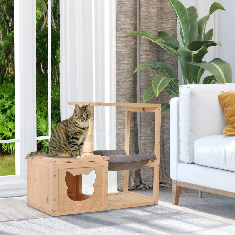 PawHut Caverna para Gatos, Cama para Gatos com Rede, Poste de Sisal, Plataforma Casa para Gatos em Madeira Arranhador para Gatos para Interior 70 x 35 x 60 cm Natural