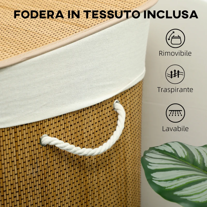 HOMCOM Cesto Portabiancheria in Bambù con Coperchio, 144L, 3 Scomparti, Sacca Removibile e Lavabile, Maniglie, Marrone