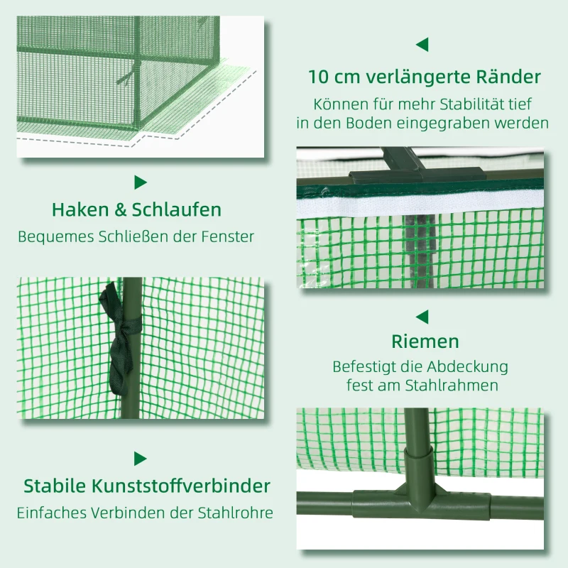 Outsunny Kas Tuinkas met 2 rolramen, voor binnen en buiten, metaal + kunststof, groen, 180 x 90 x 70 cm | aosoom