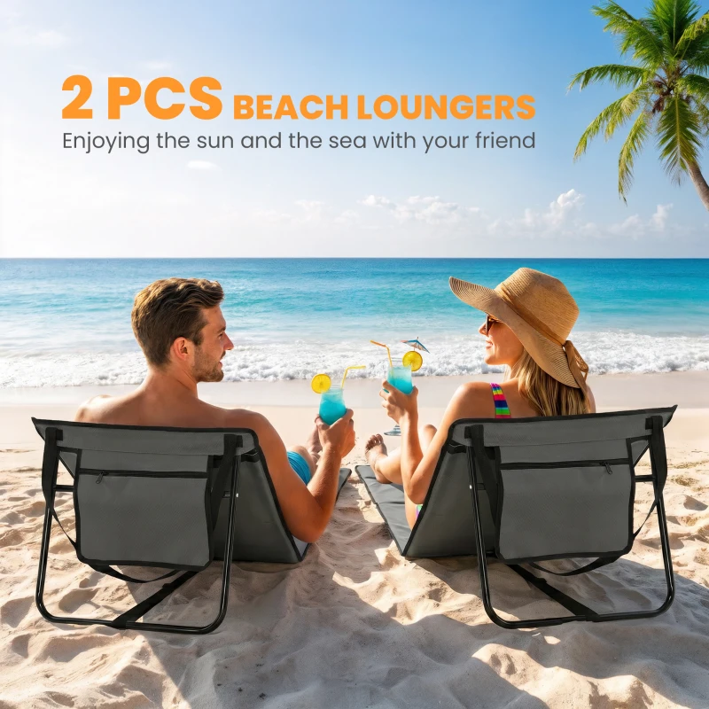 Outsunny Set of 2 Foldable Garden Beach Chair Mat, Outdoor Sun Lounger Seats with Adjustable Back, Magazine Pocket, Carry Strap