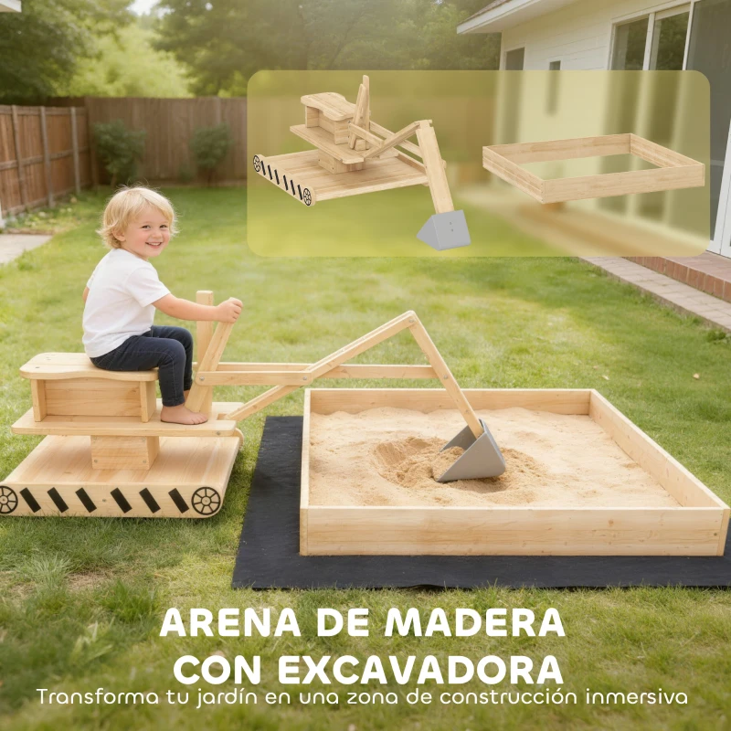AIYAPLAY Arenero para Niños de Madera con Excavadora Arenero Infantil con Asiento Giratorio 360° y Forro 184x90x56 cm Natural