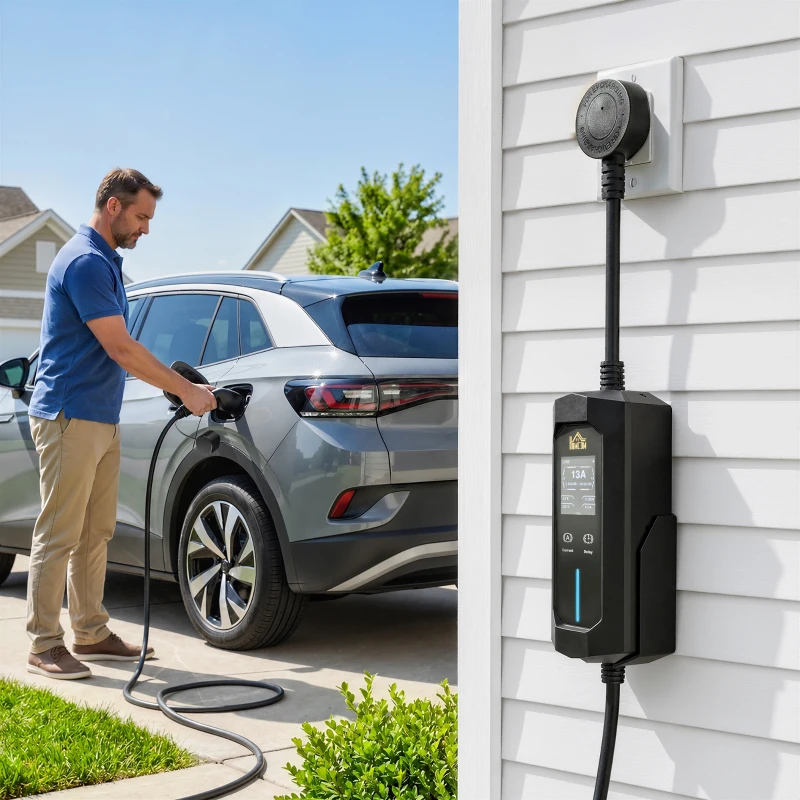 HOMCOM EV Charger Type 2 to 3 Pin Plug, 10 m, 2.8 kW, 6-13 A, Electric Car Charger Type 2 Charging Cable w/ 1-12 h Time Delay