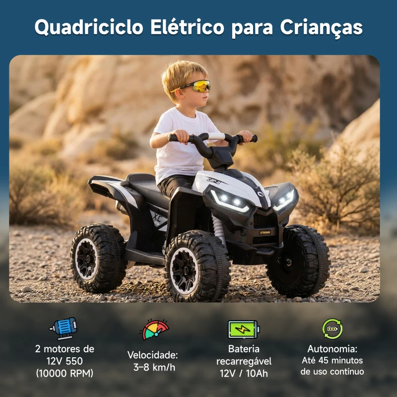 HOMCOM Quadriciclo Elétrico para Crianças de 3-5 Anos Veículo Eléctrico a Bateria 12V com 2 Motores 83x53x55,5cm Branco