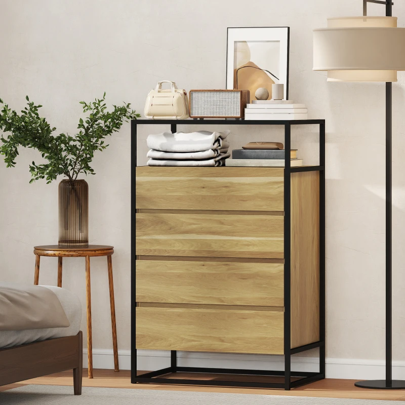 HOMCOM Cómoda Dormitorio con 4 Cajones Superficie de Vidrio Templado Estante Abierto Estructura de Acero 60x40x94,5 cm Teca