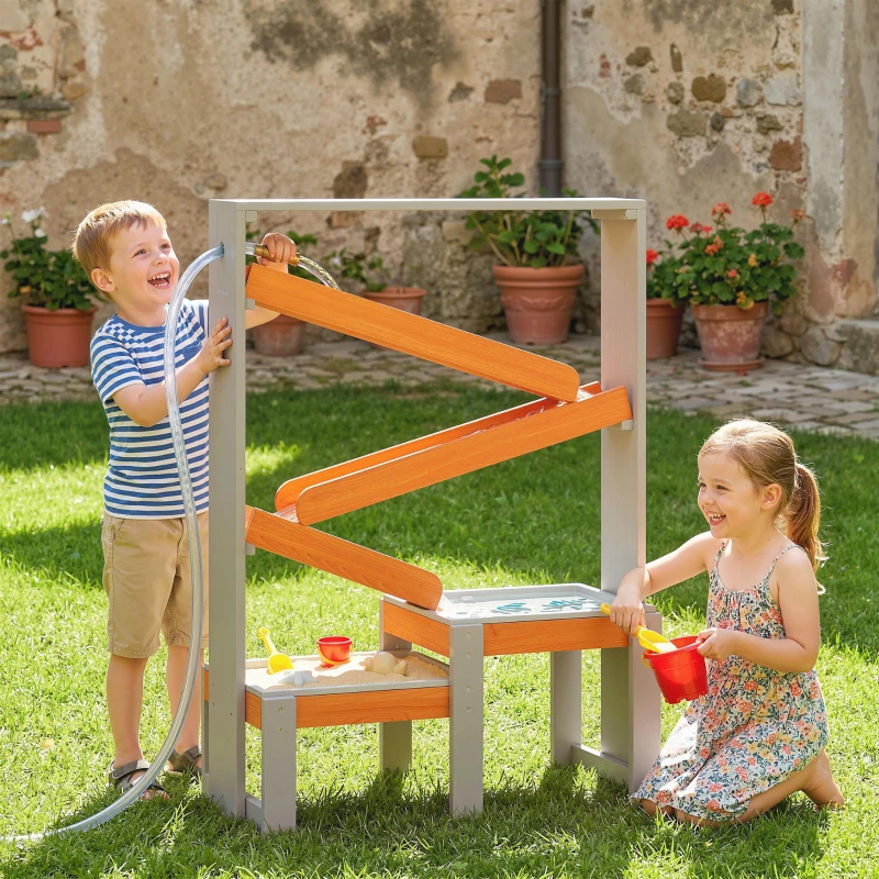 AIYAPLAY Sand Wasserspieltisch, Holz Wassertisch, Matschtisch mit Wasserbahn, 2 Becken Sandkastentisch für 3-8 Jahre Kinder Grau