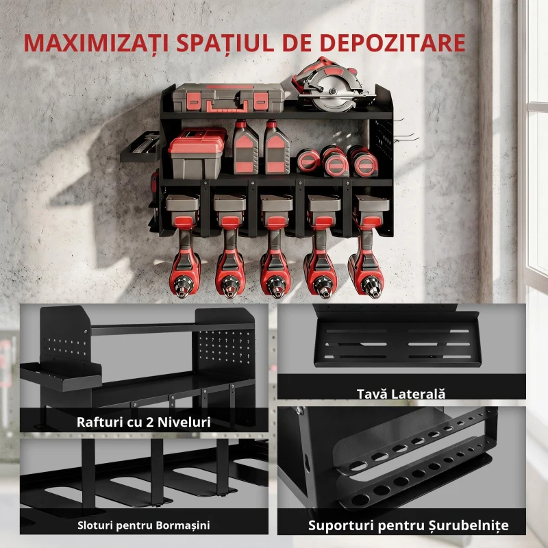 Outsunny Organizer pentru unelte de grădină 2-niveluri Suport scule cu cârlige Tăviță laterală până la 50 kg 61,8 x 23 x 32,7cm Negru