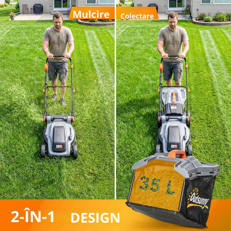 Outsunny Mașină de tuns iarba pe baterie fără fir 18V cu 2 baterii de 4Ah, lățime de tăiere 34 cm și funcție mulching, motor 700 W