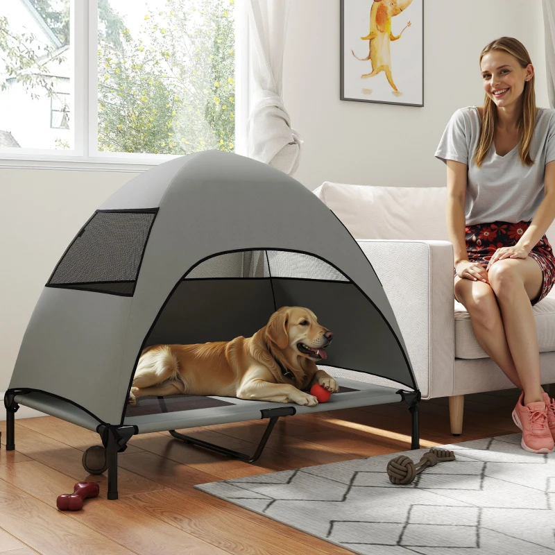 PawHut Cama para Cães ao Ar Livre com Teto, Cama Elevada para Cães Grandes, 106 x 76 x 99 cm, Cinza claro