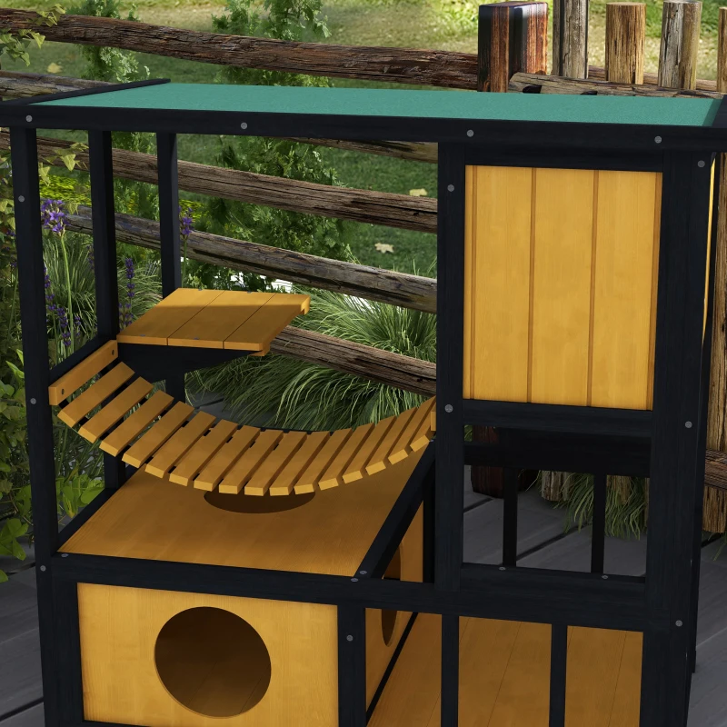 PawHut Casa para Gatos Toca para Gatos Abrigo para Gatos, resistente às intempéries, 1 rampa, 1 plataforma,  84,5 x 60 x 88 cm, Verde + Natural