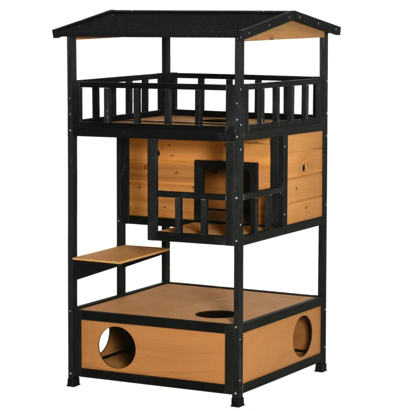 PawHut Caseta para Gatos de Madera 75,5x75x137 cm con Techo Asfáltico Plataformas para Interior y Exterior Natural