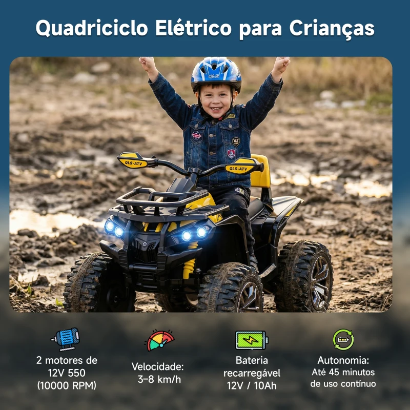 HOMCOM Quadriciclo Elétrico 12V com Farol Música Pneus Suspensão Botões Avance Retrocesso 3-5 Anos Amarelo 100x65x73cm
