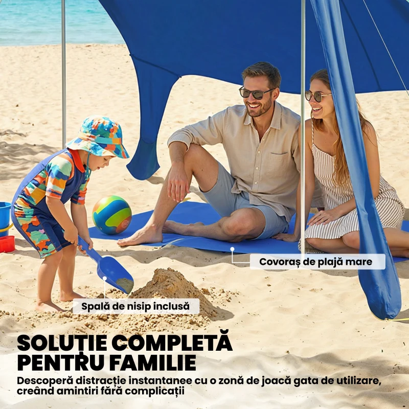 Outsunny Cort de Plajă pentru 2-4 Persoane, Covoraș, Lopată, Protecție Solară UPF50+, Albastru
