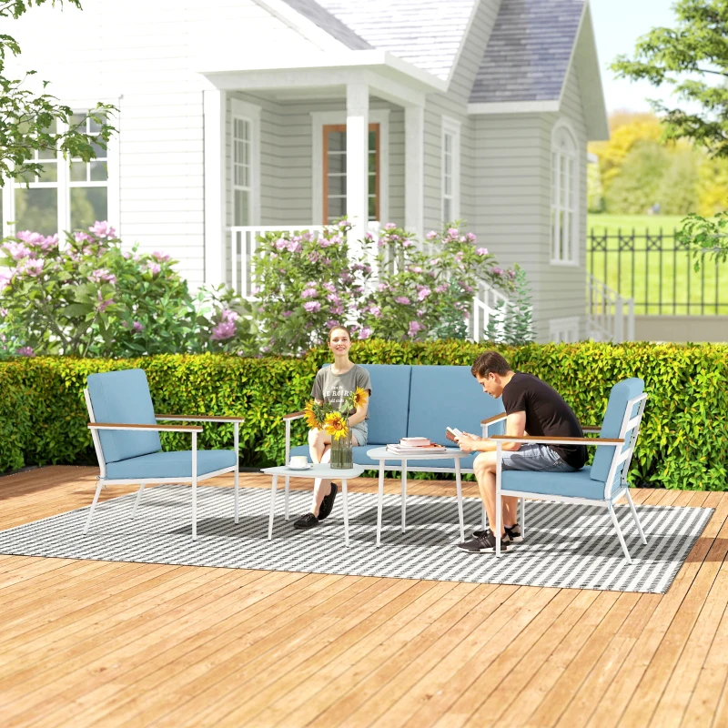 Outsunny Gartenlounge für 4 Personen, 5‑teiliges Balkon‑Set mit Sofa, 2 Sesseln und 2 Couchtischen, Hellblau