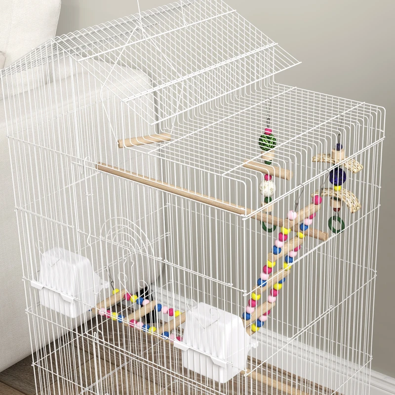 PawHut Gabbia per Uccelli, Voliera con Maniglia e Porte, Gabbietta con Altalena, Ciotole e Giochi, 46x36x100 cm, Bianco