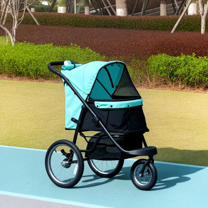 PawHut Carrinho para cães, carrinho para animais de estimação para cães e gatos pequenos, com cesto de armazenamento, design dobrável com um clique, Turquesa