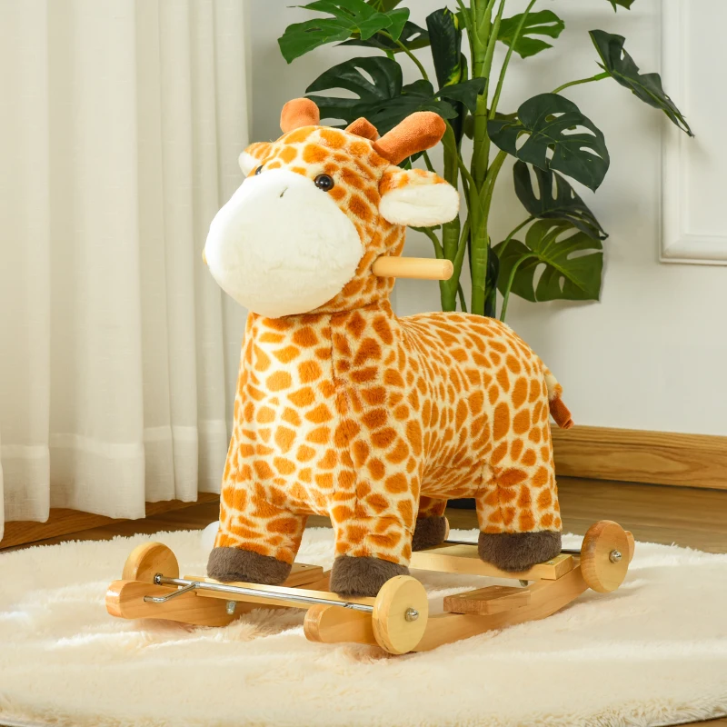 HOMCOM Caballito Balancín Infantil 2 en 1 en Forma de Jirafa para Niños de +3 Años con Ruedas y Altura del asiento 35 cm Balancín de Felpa con Sonido de Jirafa Carga 45 kg 63x38x63 cm Multicolor