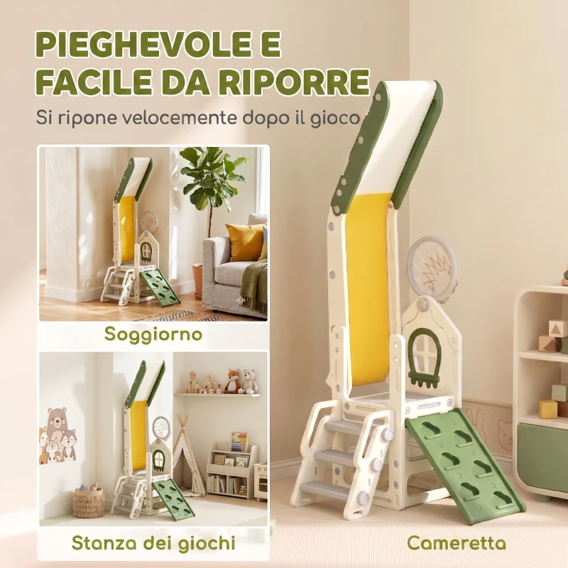 AIYAPLAY Scivolo per Bambini 1-3 Anni con Arrampicata, Canestro, Spazio Portaoggetti, Gradini antiscivolo, Crema