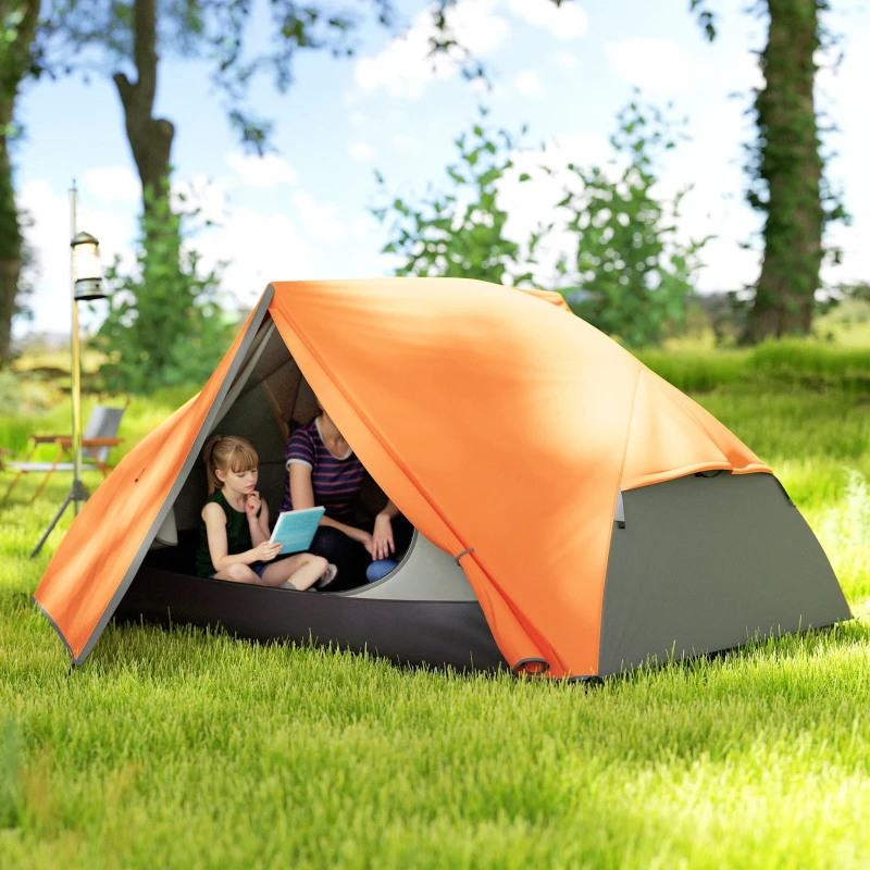 Outsunny Campingzelt für 2 Personen mit 2 Vorzelten, 2 Türen, 2 Fenstern und Tragetasche, 2.8x2.25x1.1 cm, Orange