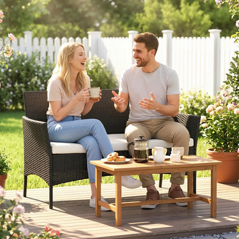 Outsunny Divano da Giardino a 2 Posti con Cuscino e Braccioli in Rattan PE e Acciaio, 107x55x80cm, Nero